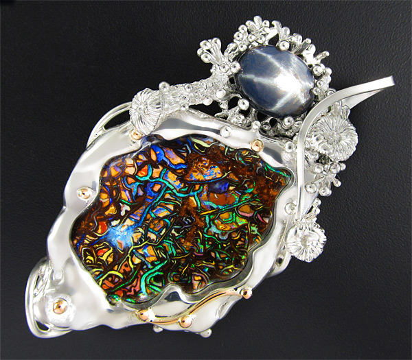 Серебро 925 Кулон с болдер опалом и звездчатым сапфиром