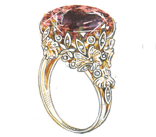 Кольцо с крупным насыщенным морганитом, 12-ю бриллиантами и 11-ю танзанитами