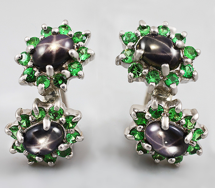 Серебро 925 Серьги со звездчатыми сапфирами и цаворитами гранатми