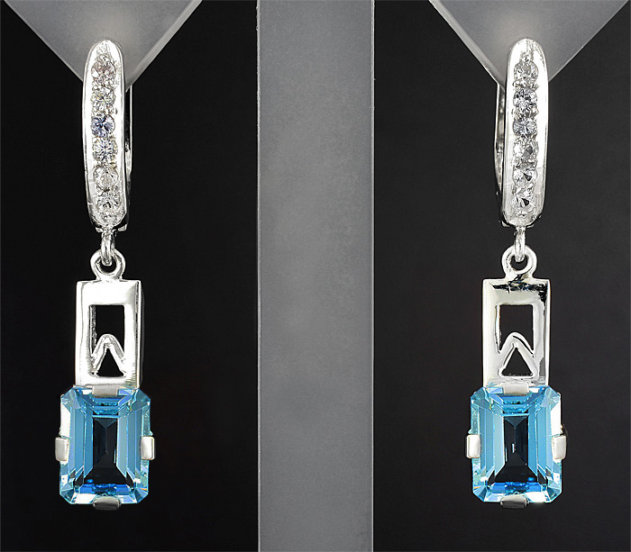 Серебро 925 Серьги с аквамаринами и бесцветными сапфирами