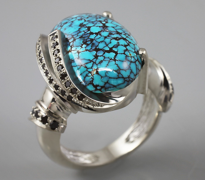 Серебро 925 Кольцо c аризонской бирюзой и черными бриллиантами