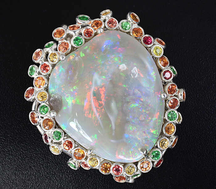 Серебро 925 Кулон с окаменевшим опализированным моллюском, цаворитами и разноцветными сапфирами