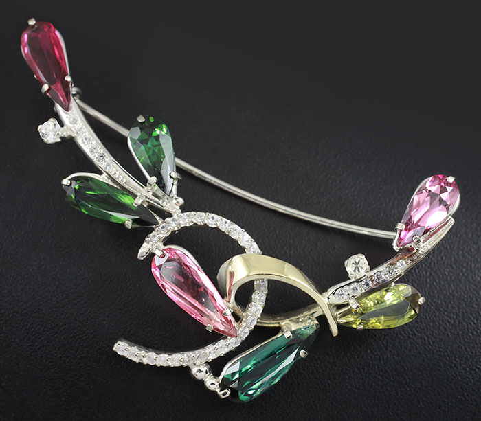 Серебро 925 Брошь c разноцветными турмалинами и бесцветными цирконами