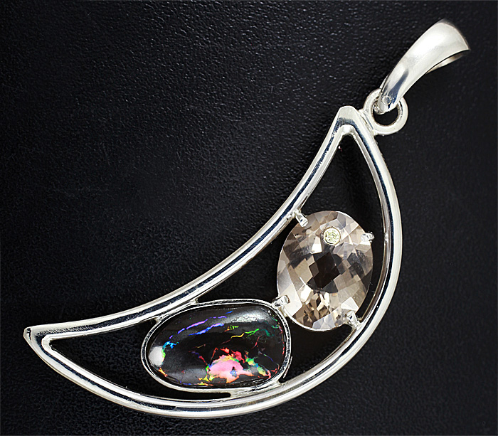 Серебро 925 Кулон с болдер опалом «Пьеро» и дымчатым кварцем с желтым бриллиантом