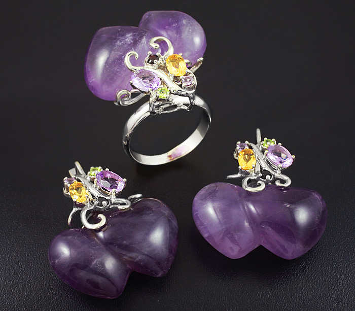 Серебро 925 Комплект с аметистами, цитринами, гранатами и перидотами