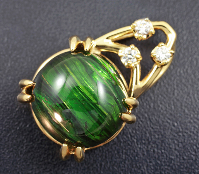 Серебро 925 Кулон с турмалином с эффектом кошачьего глаза и бриллиантами