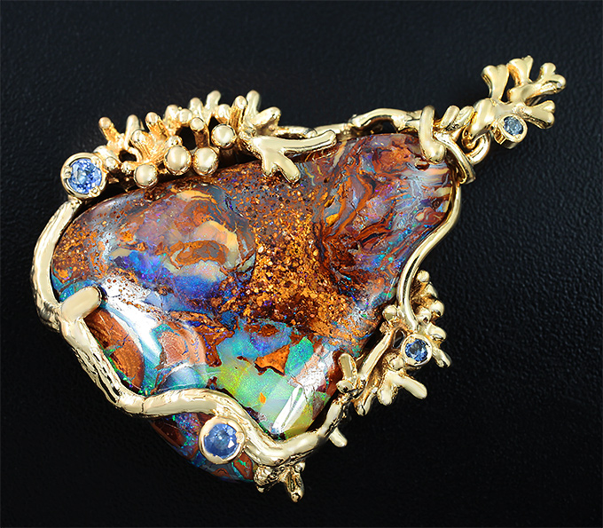 Серебро 925 Кулон с болдер опалом и синими сапфирами