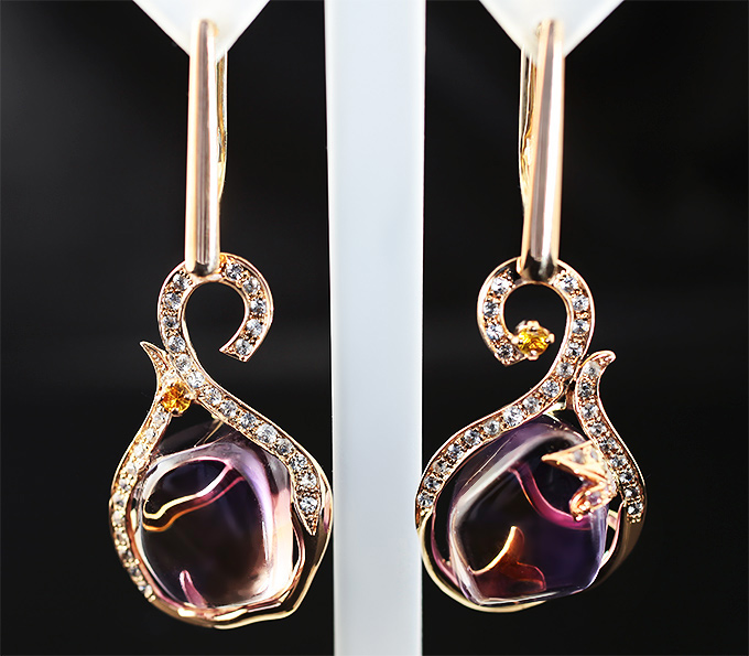 Золото Серьги с аметринами, желтыми сапфирами и бесцветными цирконами