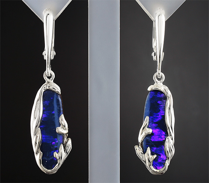 Серебро 925 Серьги с черными австралийскими дублет опалами