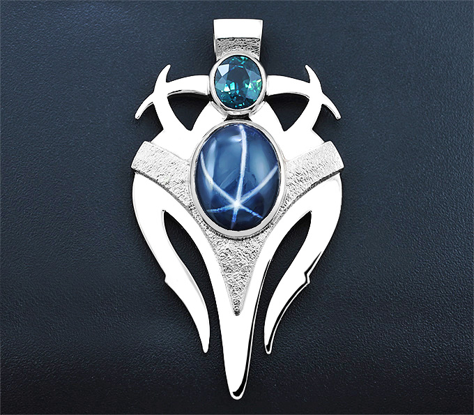 Золото Кулон с полихромным и звездчатым сапфирами