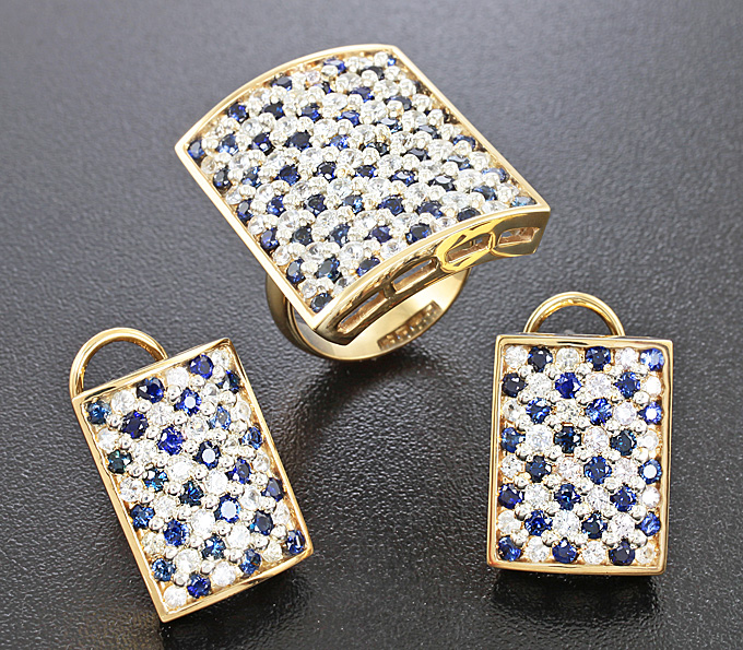 Серебро 925 Комплект с синими и бесцветными сапфирами