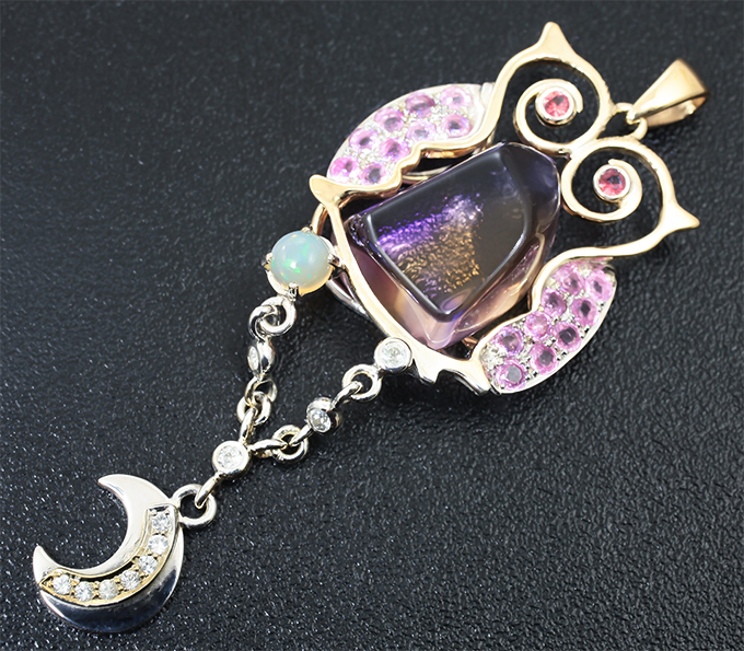 Серебро 925 Кулон «Сова» с аметрином, эфиопским опалом и разноцветными сапфирами