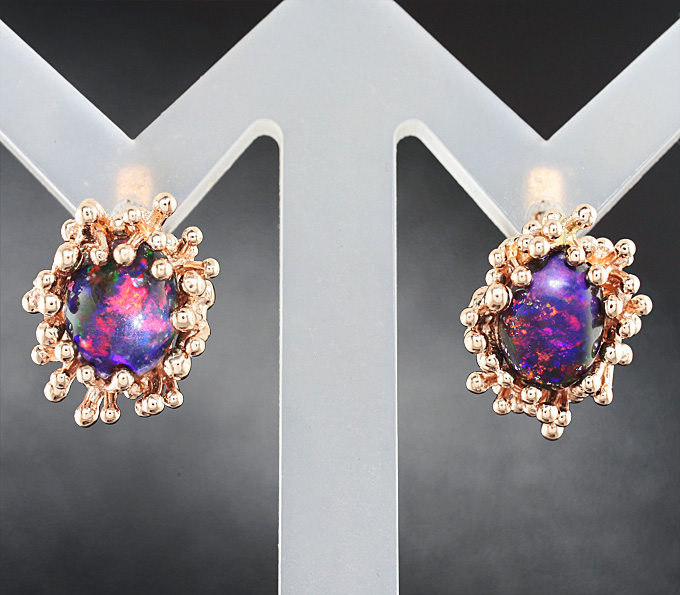 Золото Серьги с кристаллическими черными опалами