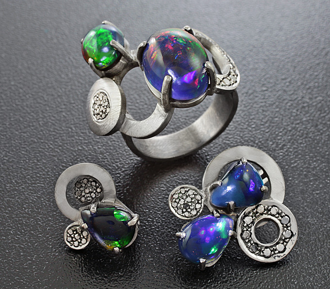 Серебро 925 Комплект с кристаллическими черными опалами и черными бриллиантами