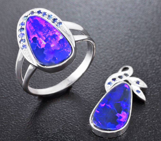 Серебро 925 Комплект с австралийскими дублет опалами и синими сапфирами