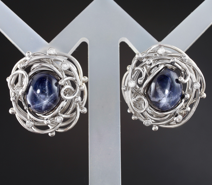 Серебро 925 Серьги со звездчатыми и бесцветными сапфирами