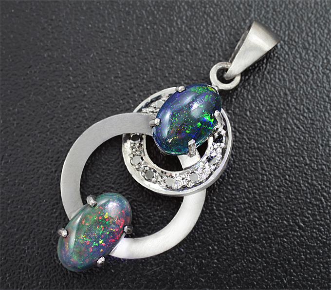 Серебро 925 Кулон с кристаллическими черными опалами и черными бриллиантами