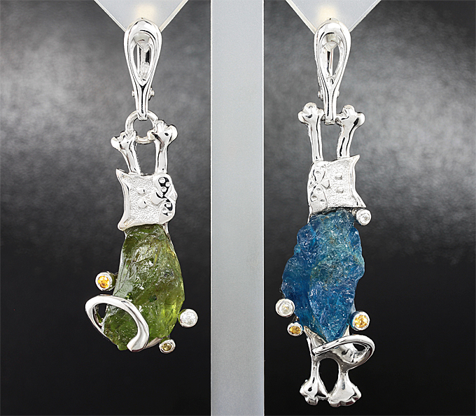 Золото Серьги с необработанными апатитами и сапфирами