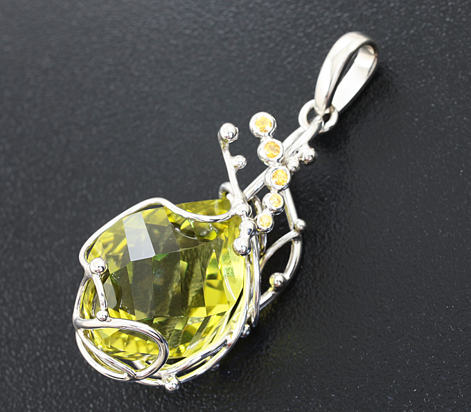 Серебро 925 Кулон с лимонным цитрином и сапфирами