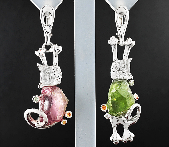 Серебро 925 Серьги с необработанным перидотом, кристаллом розового турмалина и сапфирами