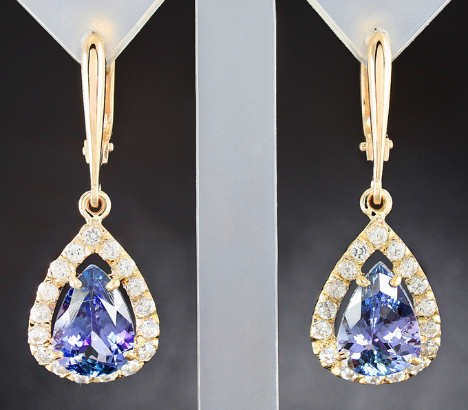 Золото Серьги с чистейшими танзанитами и бесцветными цирконами