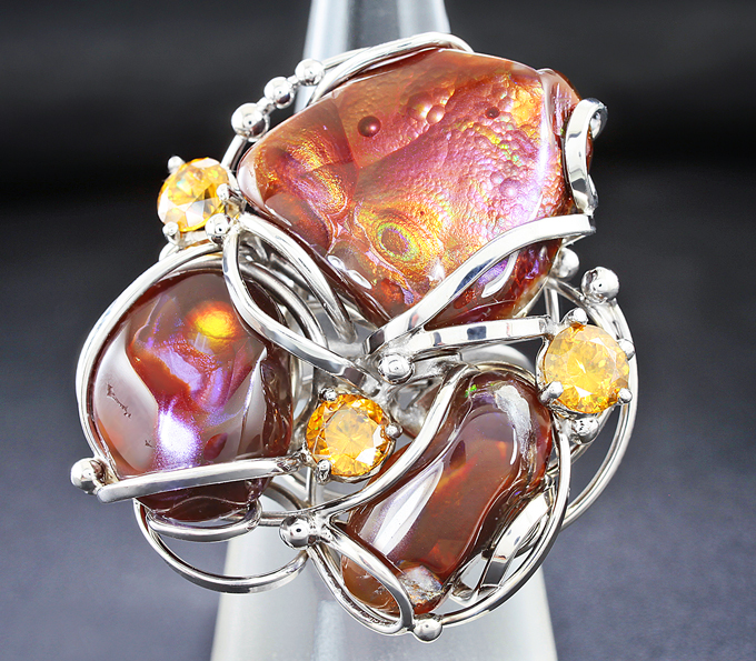 Серебро 925 Кольцо с мексиканскими агатами и золотистыми сфенами