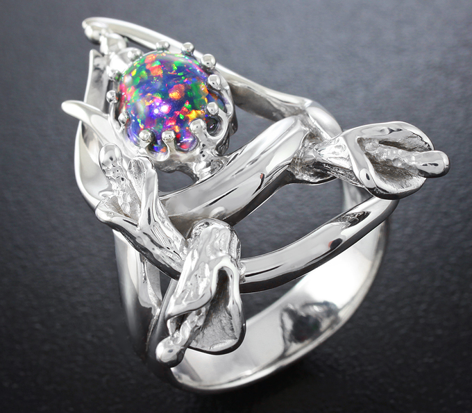 Серебро 925 Кольцо с кристаллическим черным опалом