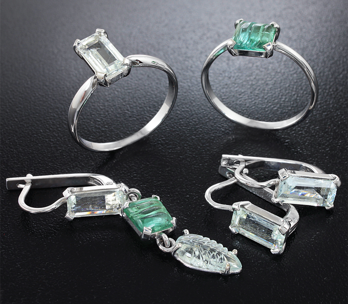 Серебро 925 Комплект с резным топазом, резными турмалинами и гошенитами