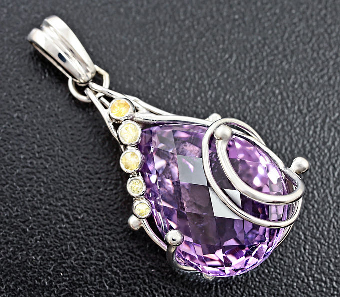 Серебро 925 Кулон с чистейшим аметистом и желтыми сапфирами