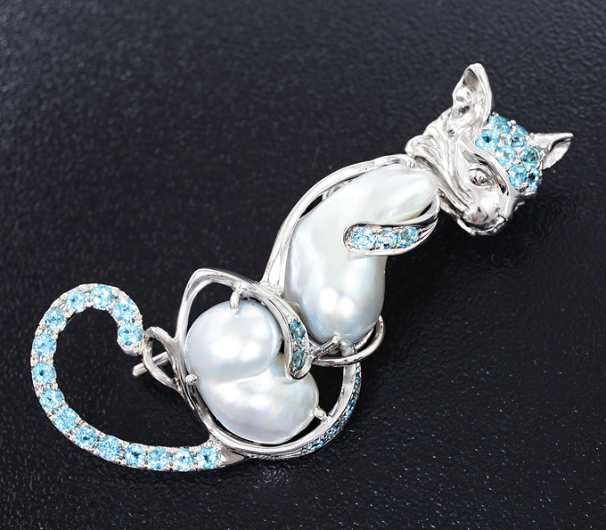 Серебро 925 Брошь/кулон c жемчугом Keshi и голубыми топазами