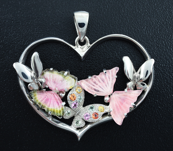 Серебро 925 Кулон с резными турмалинами и сапфирами