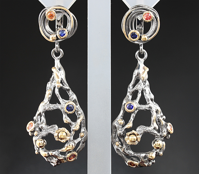 Серебро 925 Серьги с оранжевыми и синими сапфирами