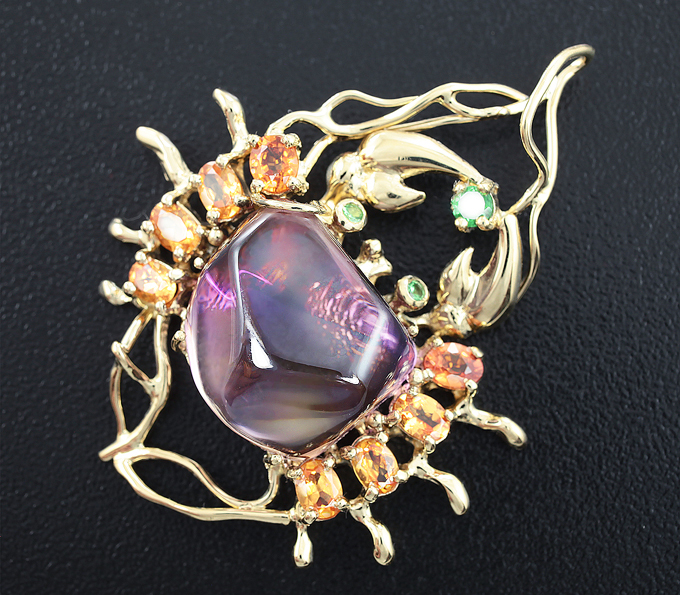 Золото Кулон с аметрином, сапфирами и цаворитами гранатами