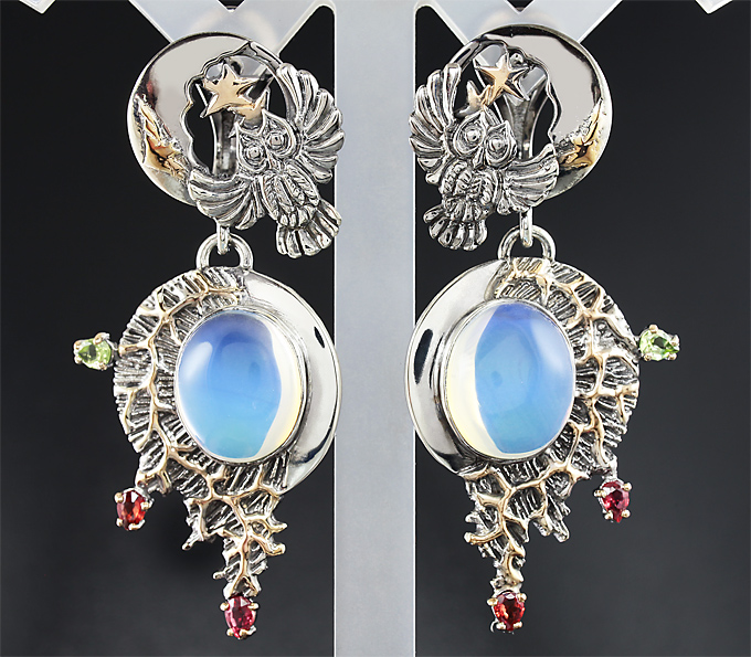 Серебро 925 Серьги с опалами, перидотами и сапфирами