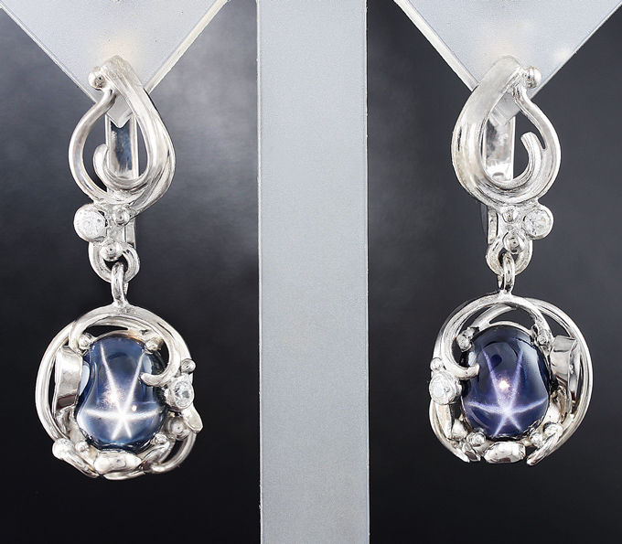 Серебро 925 Серьги со звездчатыми и бесцветными сапфирами