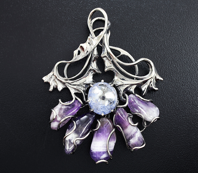 Серебро 925 Кулон с дьюмортеьеритом и аметистами