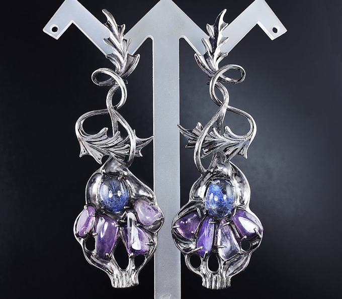 Серебро 925 Серьги с дьюмортьеритами и аметистами