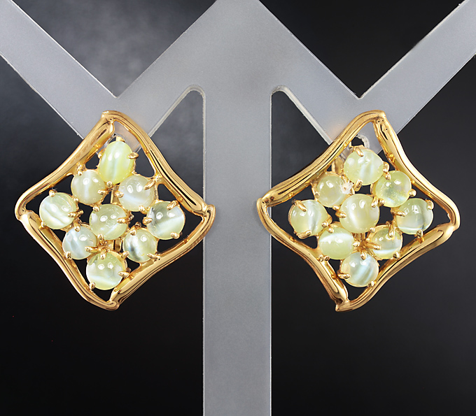 Серебро 925 Серьги с хризобериллами с эффектом «кошачьего глаза»