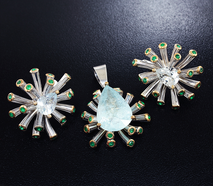 Серебро 925 Комплект с аквамарином, гошенитами и изумрудами