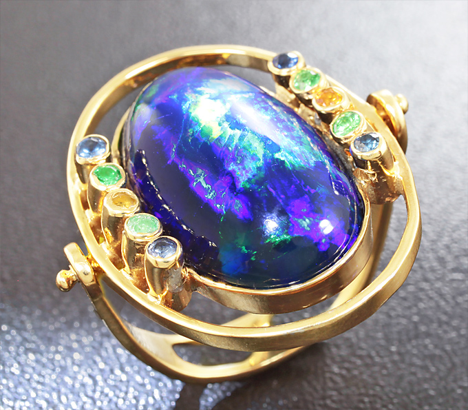 Серебро 925 Кольцо-трансформер с кристаллическим черным опалом, сапфирами и цаворитами гранатами