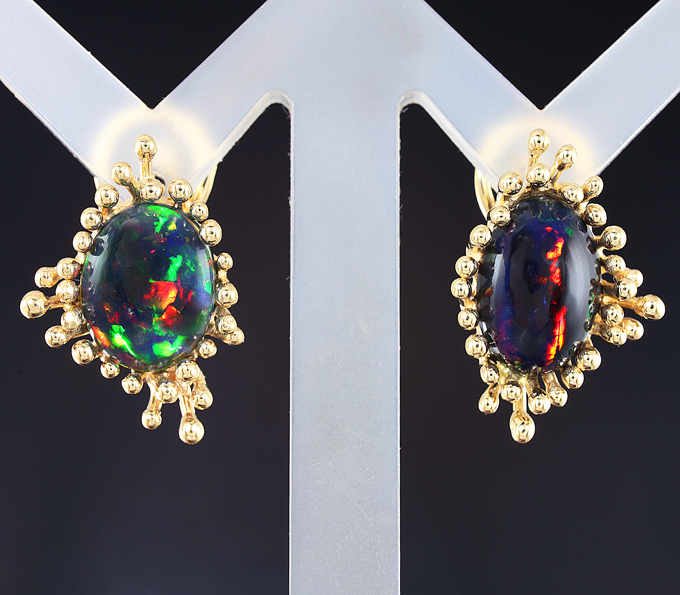 Золото Серьги с кристаллическими черными опалами