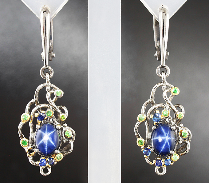 Серебро 925 Серьги со звездчатыми и синими сапфирами, а также цаворитами гранатами