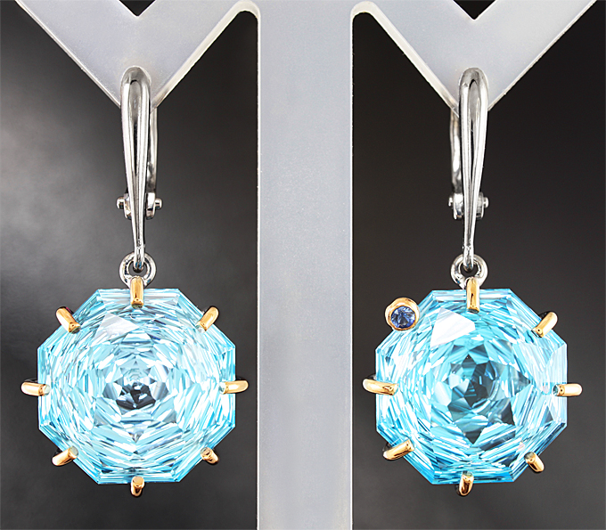 Серебро 925 Cерьги с голубыми топазами уникальной авторской огранки и синим сапфиром