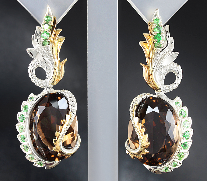 Серебро 925 Серьги с дымчатым кварцем и цаворитами гранатами