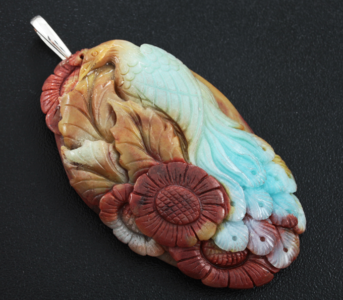 Серебро 925 Камея-подвеска «Жар-птица» из цельного амазонита