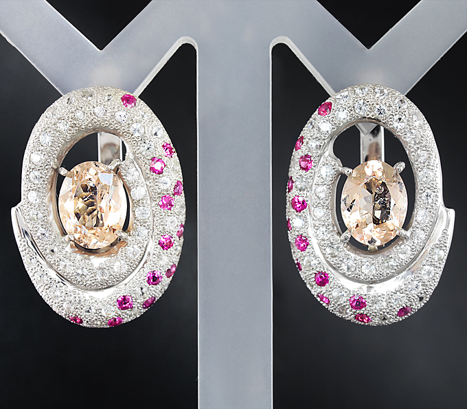 Серебро 925 Серьги с морганитами, рубинами и лейкосапфирами