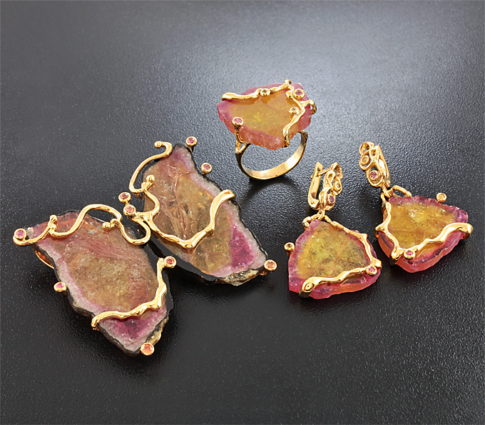 Серебро 925 Комплект со слайсами арбузных турмалинов и ограненными турмалинами