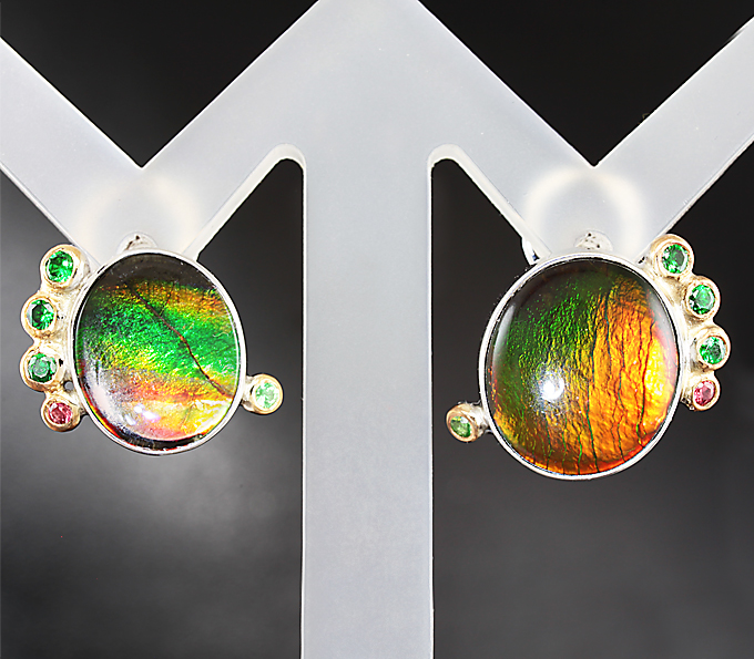 Серебро 925 Серьги с аммолитами аммонитов, цаворитами гранатами и сапфирами