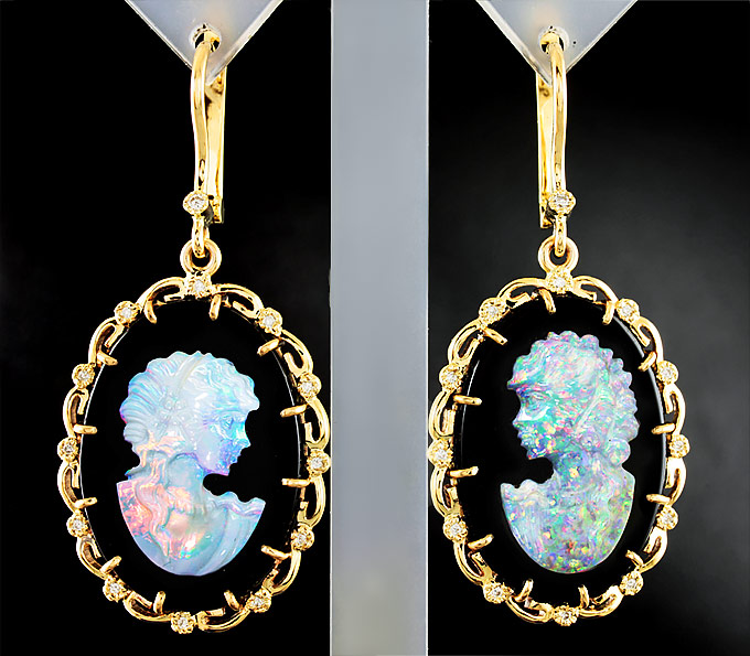 Золото Серьги с камеями из оникса с резными опалами и бриллиантами