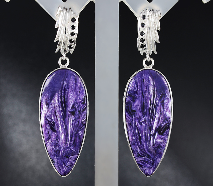 Серебро 925 Серьги с чароитами топового качества и черными шпинелями